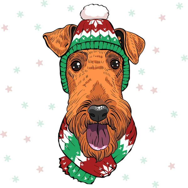 Vector Mode Hipster Hond Airedale Terrier Kerst Hoed Sjaal — Stockvector