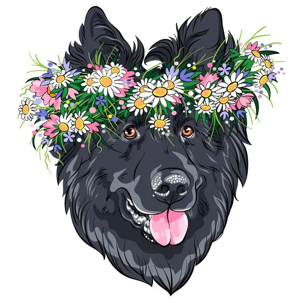 Vektör Modası Belçika Çoban Köpeği Groendael Kır Çiçekleri Çelengi — Stok Vektör