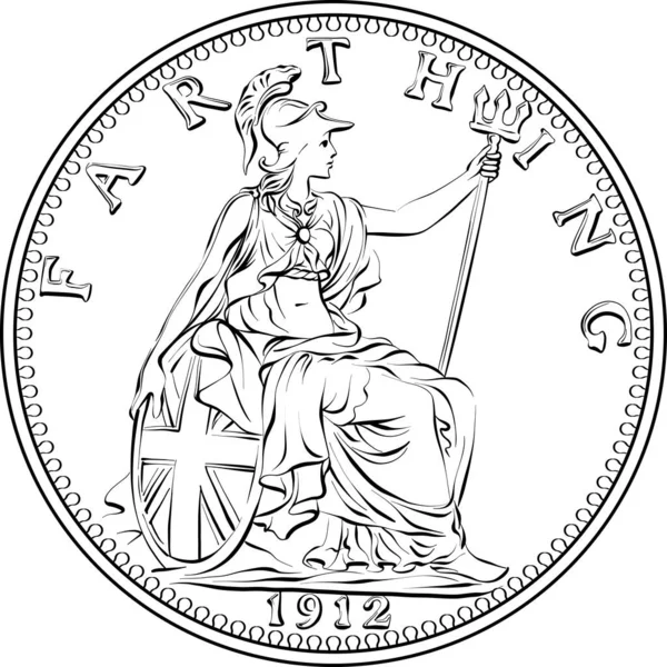 Vektor Geldmünze British Farthing Britannia Auf Der Rückseite Schwarz Weiß — Stockvektor