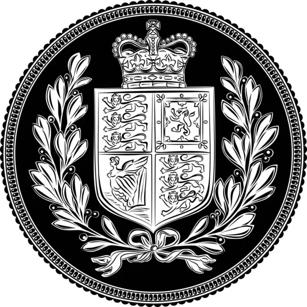 Britische Goldmünze Sovereign Mit Krone Wappen Lorbeerkranz Schwarz Weiß — Stockvektor