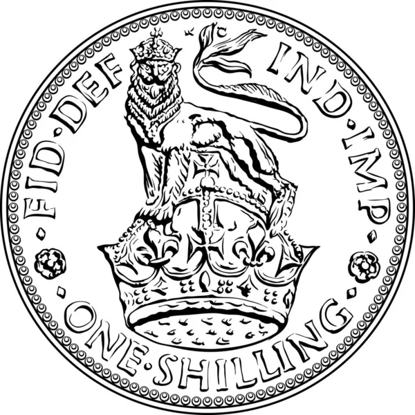 British Money Coin One Shilling Heraldic Lion Crown Black White — Stock Vector