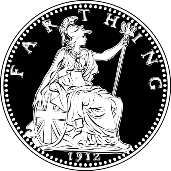 Vector Money Coin British Farthing Britannia Reverse Black White — Stock Vector