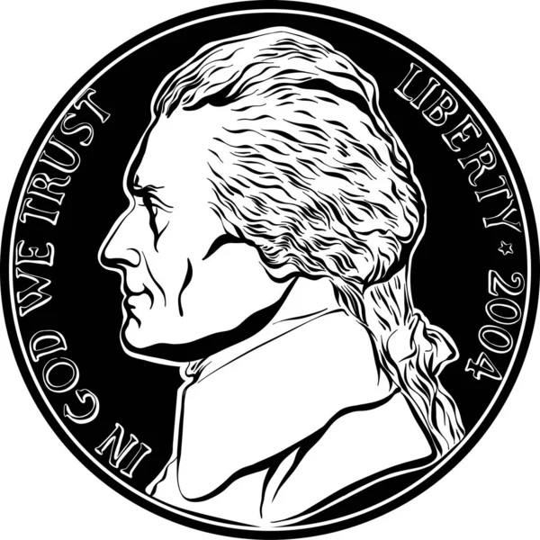 Jefferson Nikkel Amerikai Pénz Amerikai Ötcentes Érme Jeffersonnal Usa Harmadik — Stock Vector