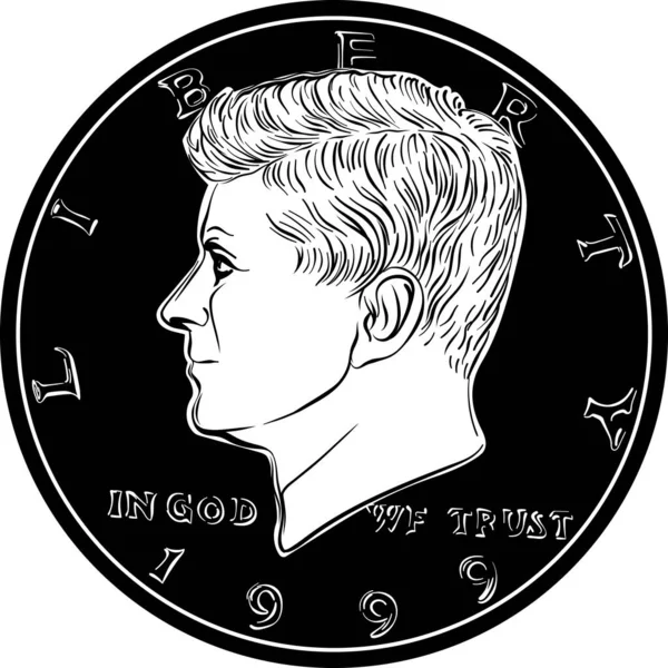 Полдоллара Джоном Кеннеди Лицевой Стороне Черно Белое Изображение — стоковый вектор
