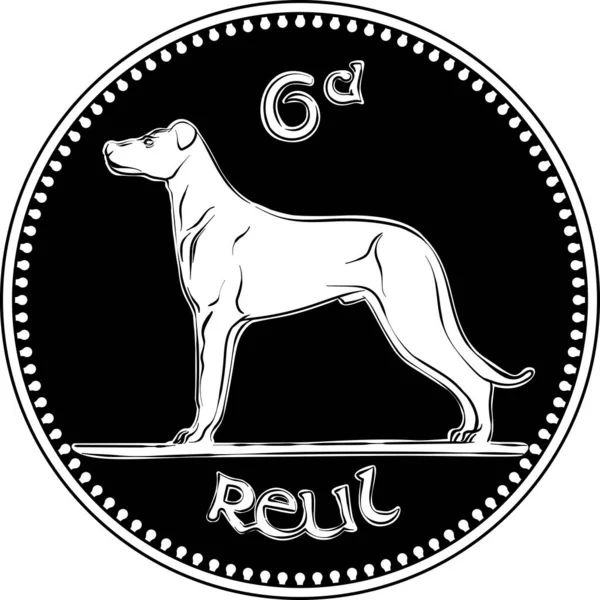 爱尔兰货币十进制前的银质六便士硬币 背面有狼犬金币 黑白图像 — 图库矢量图片