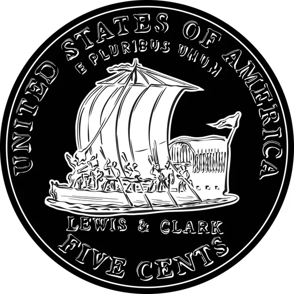 Jefferson Nickel Amerykańskie Pieniądze Usa Pięciocentowa Moneta Keelboat Lewis Clark — Wektor stockowy