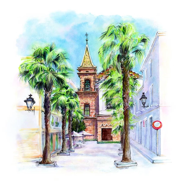 Desenho Aquarela Rua Cádiz Andaluzia Espanha — Fotografia de Stock
