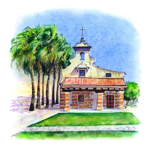 Spanya Endülüs Cadiz Deki Küçük Kilisenin Suluboya Çizimi — Stok fotoğraf