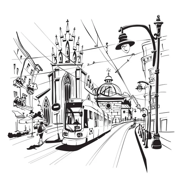 Kutsal Üçleme Kilisesi Krakow Polonya Yakınlarındaki Tramvayın Siyah Beyaz Çizimi — Stok Vektör