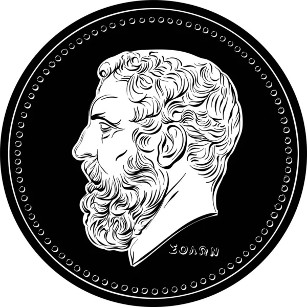 Black White Vector Obverse Greek Money Drachmas Coin Solon Profile — стоковий вектор