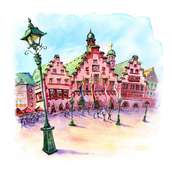Watercolor Sketch Medieval Frankfurt Town Hall Medieval Frankfurt Town Hall — Stock Photo, Image