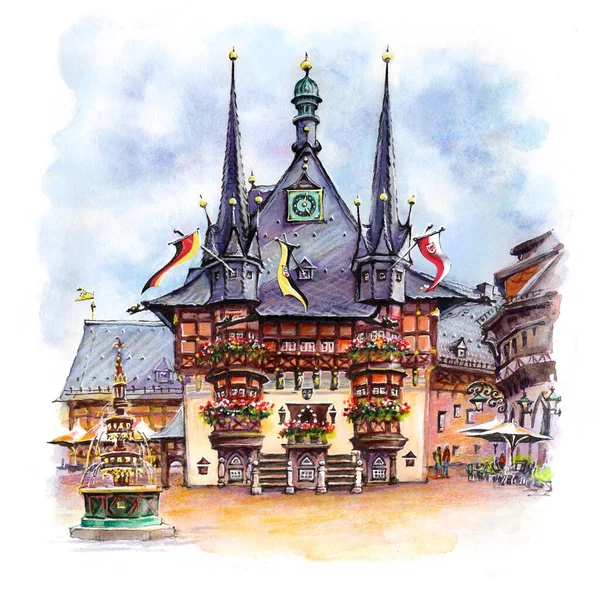 Watercolor Sketch Wernigerode Fine Town Hall Wood Facade Németország — Stock Fotó