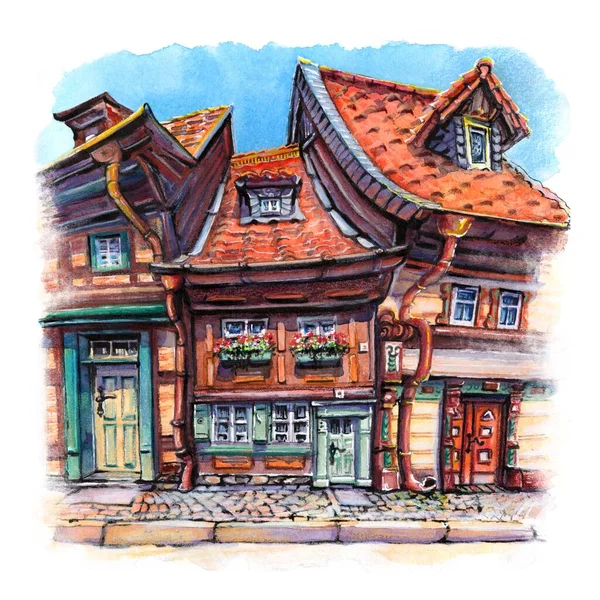 Akvarell Skiss Pittoreska Gamla Små Hus Wernigerode Tyskland — Stockfoto