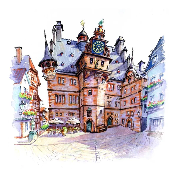 Υδατογραφία Σκίτσο Του Marburg Old Town Hall Γερμανία — Φωτογραφία Αρχείου
