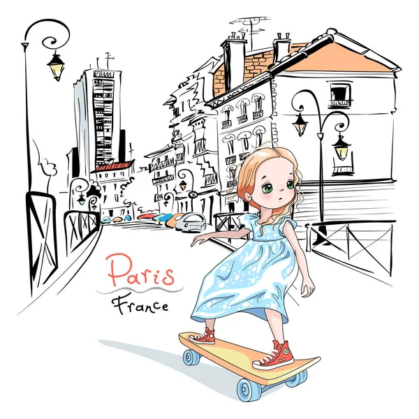 Vector Schattig Baby Meisje Skateboarder Paris Frankrijk — Stockvector