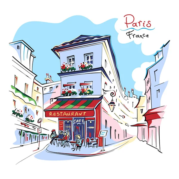 Vector Kleurtekening Typisch Parijse Restaurant Montmartre Parijs Frankrijk — Stockvector
