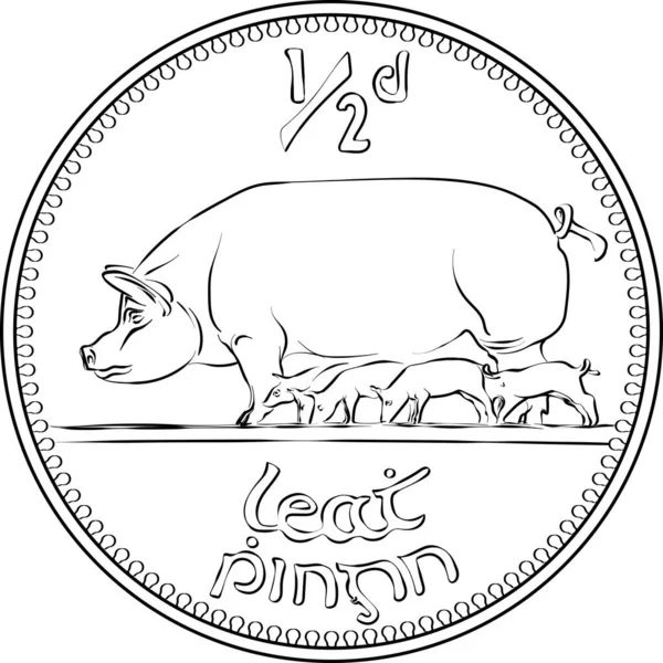 Dinero Irlandés Moneda Oro Predecimal Halfpenny Con Cerdos Revés Imagen — Archivo Imágenes Vectoriales