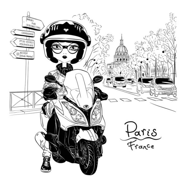 Vector Schattig Meisje Scooter Parijs Zwart Wit Illustratie Voor Kleurboek — Stockvector
