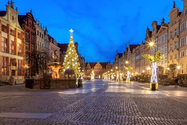 Christmas Tree Illumination Long Market Street Night Old Town Gdansk — Stock Photo, Image