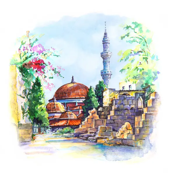 Schizzo Acquerello Della Moschea Suleymaniye Rodi Isole Del Dodecaneso Isola — Foto Stock