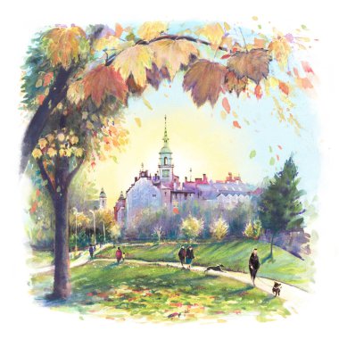 Watercolor sketch of Old town of Poznan in autumn, Poland clipart