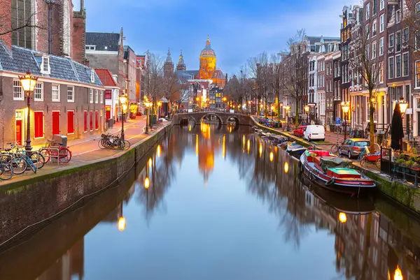 Canal Wallen Famoso Quartiere Luci Rosse Crepuscolo Amsterdam Olanda Paesi — Foto Stock