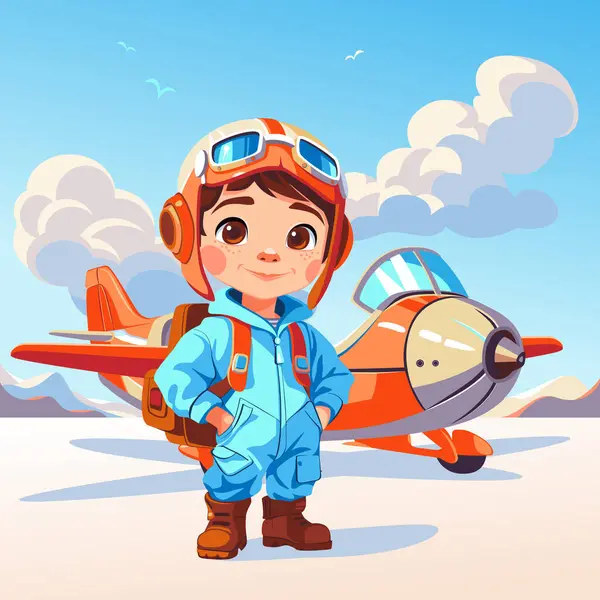 航空機ゴーグルと幸せな笑顔で古い飛行機の近くに立っている漫画の少年パイロット — ストックベクタ