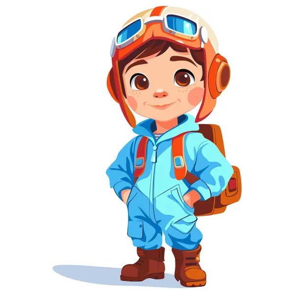 Cartoon Kid Pilot Standing Aviator Goggles Happy Smiling — Stock Vector