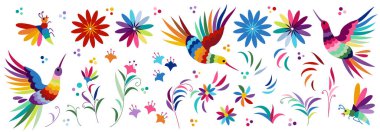 Big collection of traditional elements of Mexican pattern Otomi, flowers, leaves, birds clipart