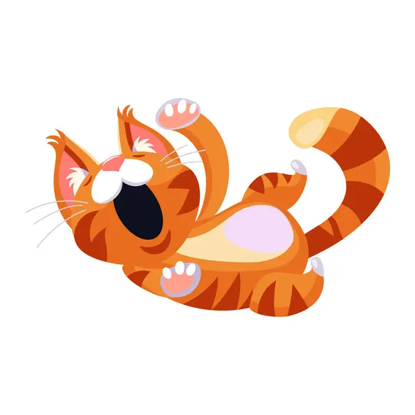 Roztomilý Velký Tabby Zázvor Kočka Zívání Sladce Ležící Zádech Kreslený — Stockový vektor