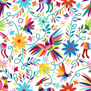 Ornate ethnic Mexican embroidery Otomi. Seamless Pattern with birds, animals and flowers on white clipart