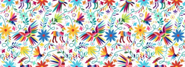 Ornate ethnic Mexican embroidery Otomi. Seamless Pattern with birds, animals and flowers on white background clipart