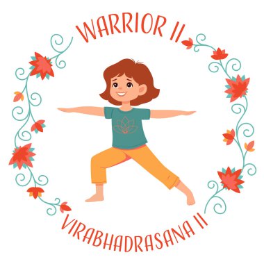 Kid girl doing yoga Warrior 2 or Virabhadrasana II. Fitness concept. Flat vector illustration clipart