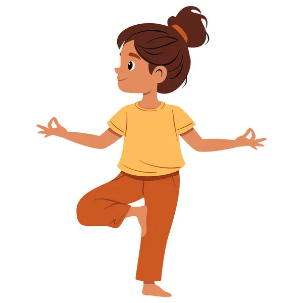 stock vector Kid girl doing yoga tree pose Vrikshasana. Fitness concept. Flat vector illustration on white