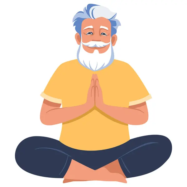 stock vector Old man doing yoga Lotus easy pose Sukhasana. Fitness concept. Flat vector illustration on white