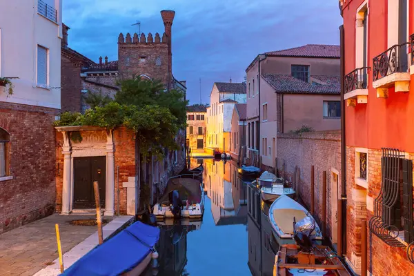 stock image Typical Venetian canal with bridge at night, San Barnaba, Venice, Italy