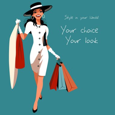 Fashionable woman in white dress with shopping bags, vector art highlighting style and elegance clipart