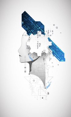 Yapay Zeka. Silüeti olan bir adamın teknik geçmişi. Büyük veri konsepti. Makine siber zihni.