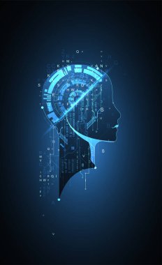 Yapay Zeka. Silüeti olan bir adamın teknik geçmişi. Büyük veri konsepti. Makine siber zihni.