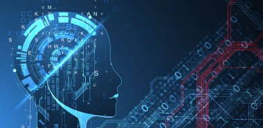 Yapay Zeka. Silüeti olan bir adamın teknik geçmişi. Büyük veri konsepti. Makine siber zihni.