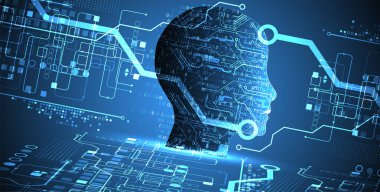 Yapay Zeka. Silüeti olan bir adamın teknik geçmişi. Büyük veri konsepti. Makine siber zihni.