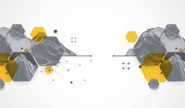 Modern bilim teknolojisi, altıgen şekiller kullanarak soyut bir arkaplan oluşturuyor. Kablo çerçeve yüzey çizimi. Vektör.