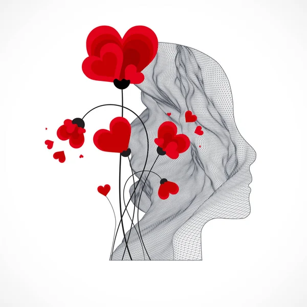 Ανθρώπινο Κεφάλι Είναι Κατασκευασμένο Στο Στυλ Ενός Wireframe Λουλούδια — Διανυσματικό Αρχείο