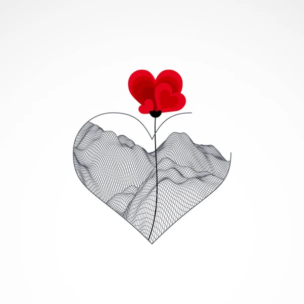 Coeur Abstrait Avec Des Fleurs Style Filaire Technique — Image vectorielle