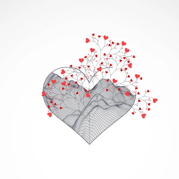 Αφηρημένη Καρδιά Λουλούδια Τεχνικό Στυλ Wireframe — Διανυσματικό Αρχείο