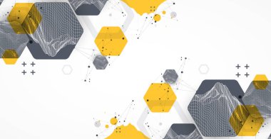 Modern bilim teknolojisi, altıgen şekiller kullanarak soyut bir arkaplan oluşturuyor. Kablo çerçeve yüzey çizimi. Vektör.