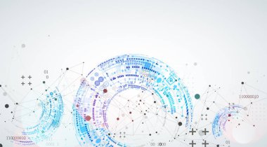 Pleksus etkisi olan soyut bir arkaplan. Çember şeklinde oluşmuş teknik elementlerin kullanımıyla bilimsel ve teknolojik kavram.