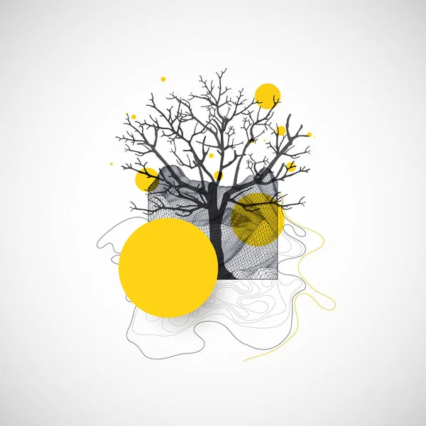 Konst Koncept Abstrakta Berg Bildas Med Silhuett Ett Träd — Stock vektor