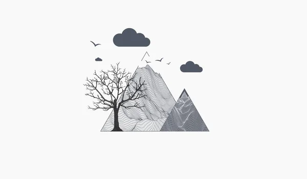 Conceito Arte Montanhas Abstratas Com Nuvens Silhueta Uma Árvore —  Vetores de Stock