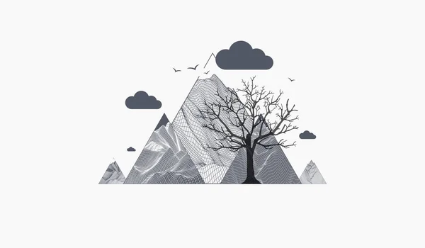 Conceito Arte Montanhas Abstratas Com Nuvens Silhueta Uma Árvore —  Vetores de Stock